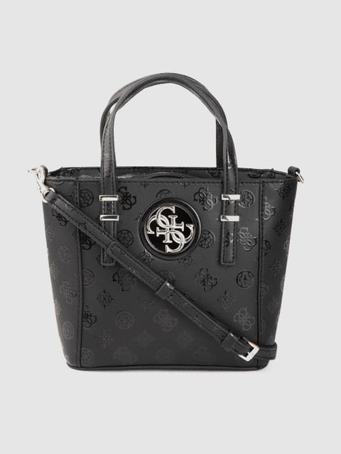 

GUESS Black Floral Textured Handheld Bag with Detachable Sling Strap