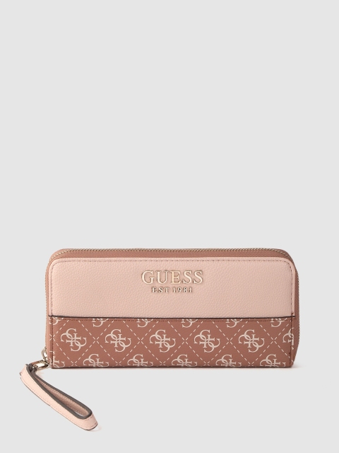 

GUESS Women Peach-Coloured & Brown Brand Logo Print Zip Around Wallet with Wrist Loop