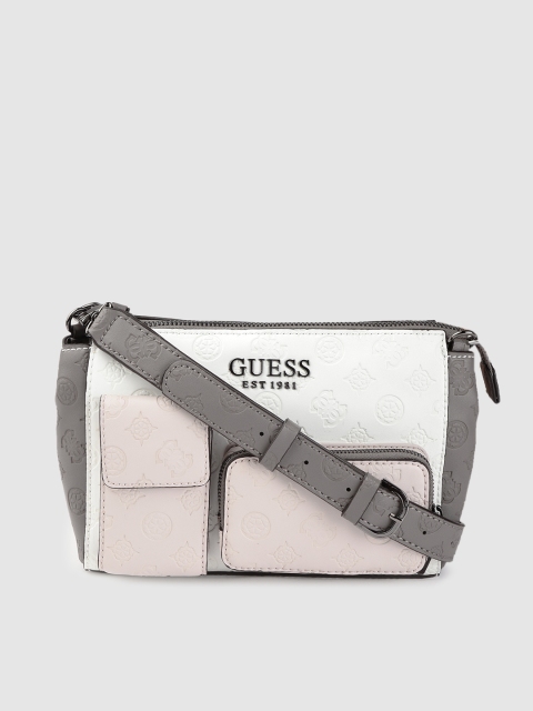 

GUESS White & Beige Brand Logo Textured Sling Bag