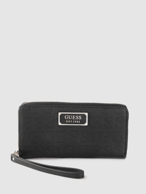 

GUESS Women Black Brand Logo Textured Zip Around Wallet With Wrist Loop