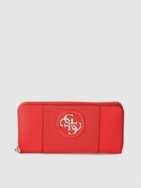 

GUESS Women Red Perforated Zip Around Wallet with Brand Logo Metallic Detail