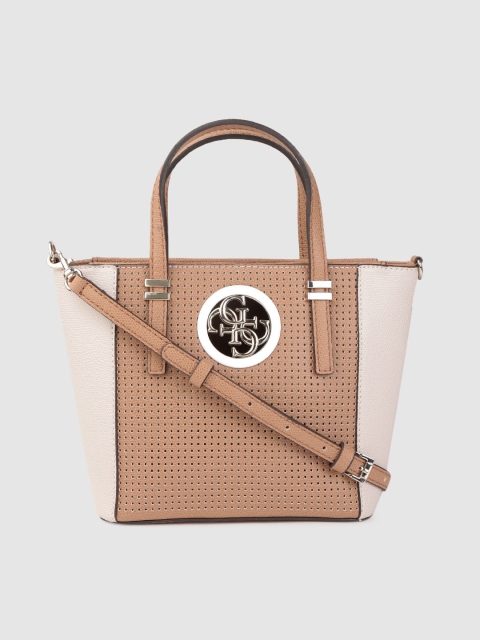 

GUESS Brown & Cream-Coloured Colourblocked Handheld Bag with Cut Work
