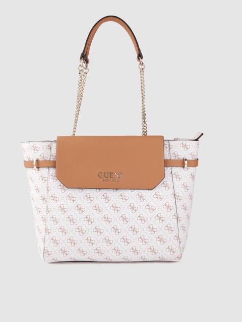 

GUESS White & Brown Brand Logo Printed Shoulder Bag