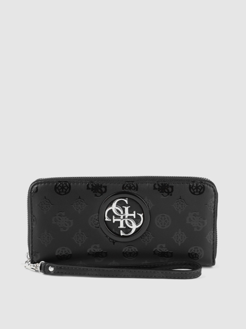 

GUESS Women Black Brand Logo Textured Zip Around Wallet with Wrist Loop