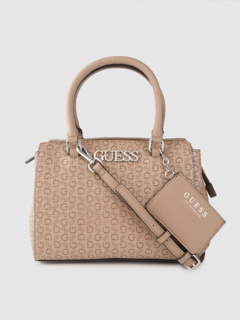 

GUESS Beige Brand Logo Textured Handheld Bag with Detachable Card Holder & Sling Strap
