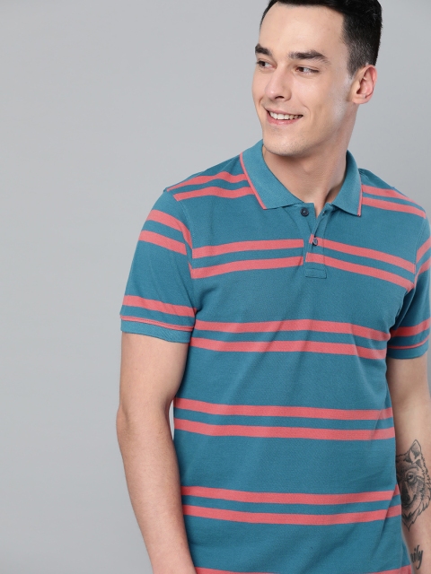 

Mast & Harbour Men Teal Blue & Coral Pink Striped Polo Collar T-shirt