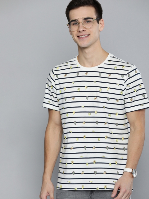 

Mast & Harbour Men Off-White & Navy Blue Yarn Dyed Striped Round Neck T-shirt