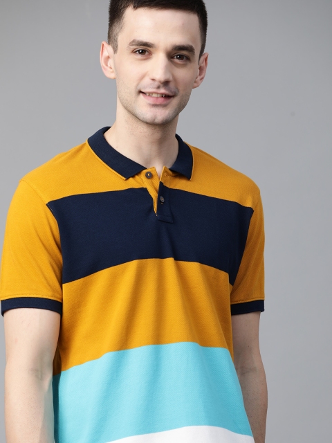 

Mast & Harbour Men Mustard Yellow & Blue Colourblocked Yard Dyed Polo Collar T-shirt