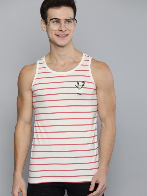 

Mast & Harbour Men White & Coral Pink Striped Round Neck T-shirt
