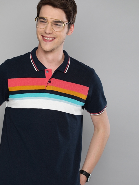 

Mast & Harbour Men Navy Blue & Pink Striped Polo Collar T-shirt