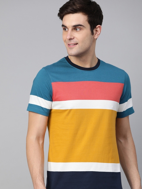 

Mast & Harbour Men Mustard Yellow & Blue Yarn Dyed Colourblocked Round Neck T-shirt