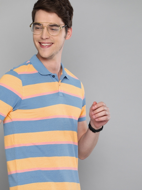 

Mast & Harbour Men Blue & Yellow Striped Polo Collar T-shirt