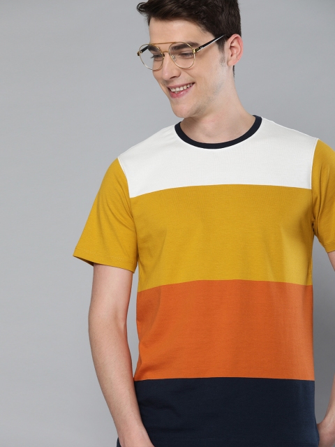 

Mast & Harbour Men Mustard Yellow & Navy Blue Colourblocked Round Neck T-shirt