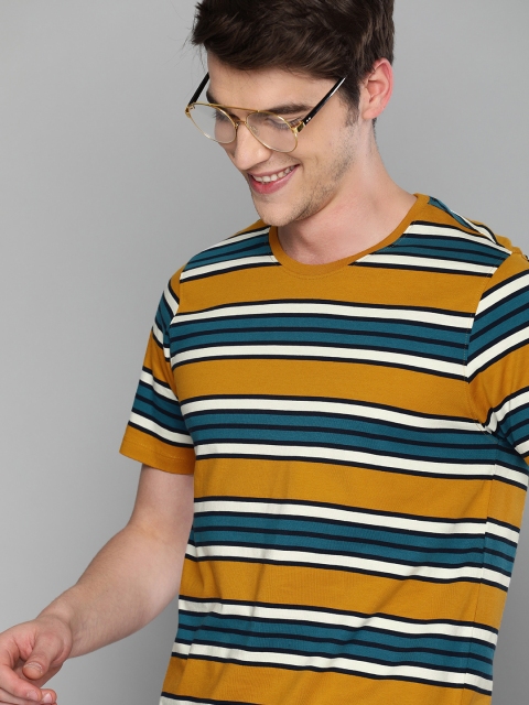 

Mast & Harbour Men Mustard Yellow & Teal Blue Striped Round Neck T-shirt
