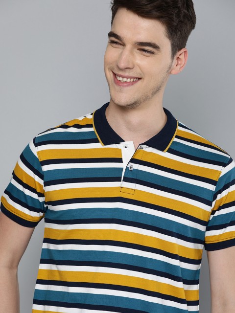 

Mast & Harbour Men Teal Blue & Mustard Yellow Yarn Dyed Striped Polo Collar T-shirt