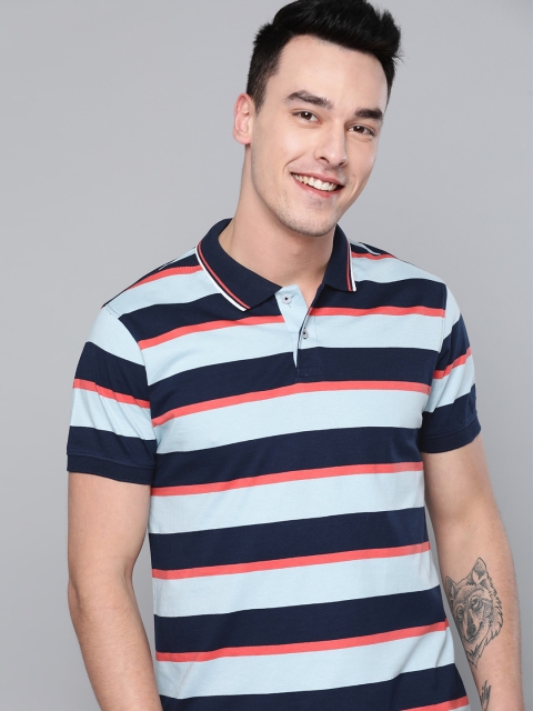 

Mast & Harbour Men Blue & Coral Pink Striped Polo Collar T-shirt