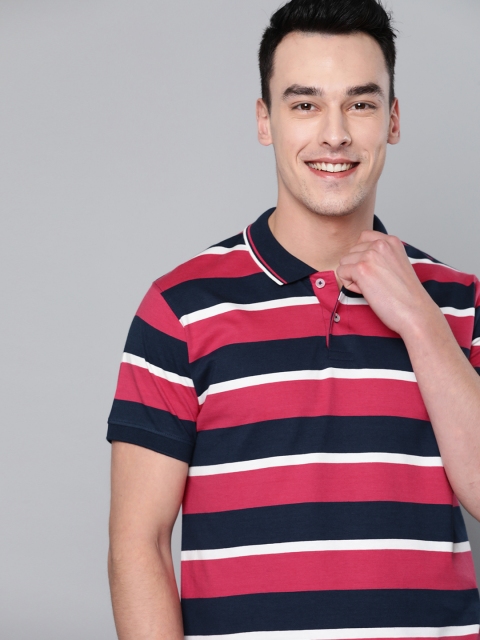 

Mast & Harbour Men Pink & Navy Blue Striped Polo Collar T-shirt
