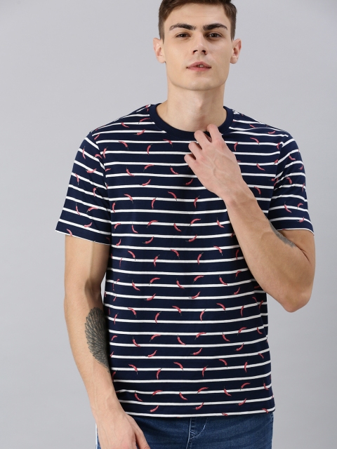 

Mast & Harbour Men Navy Blue & White Striped Round Neck Pure Cotton T-shirt