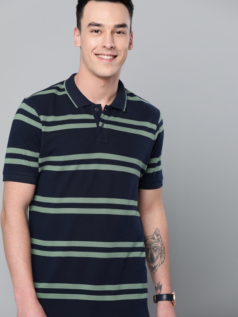 

Mast & Harbour Men Navy Blue & Green Striped Polo Collar T-shirt
