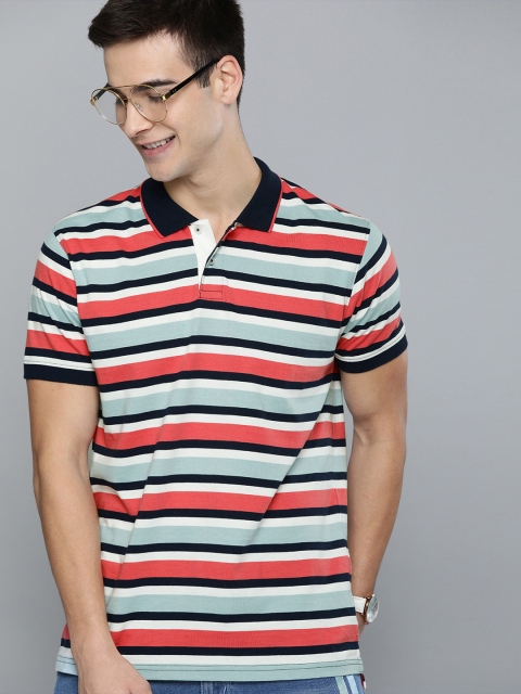 

Mast & Harbour Men Navy Blue & Coral Pink Striped Polo Collar T-shirt