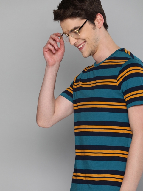 

Mast & Harbour Men Teal Blue & Mustard Yellow Striped Round Neck T-shirt