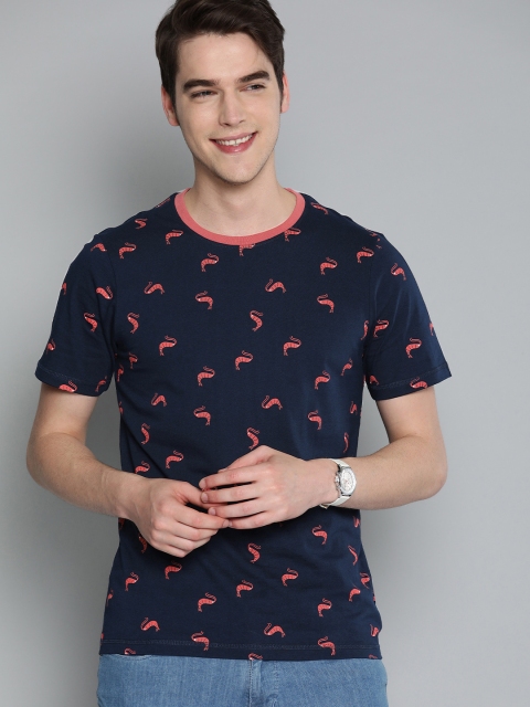 

Mast & Harbour Men Navy Blue & Coral Red Printed Round Neck T-shirt