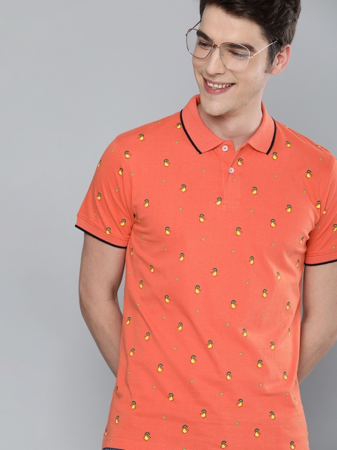 

Mast & Harbour Men Coral Orange Printed Polo Collar T-shirt
