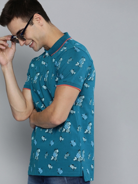 

Mast & Harbour Men Teal Blue & White Printed Polo Collar T-shirt