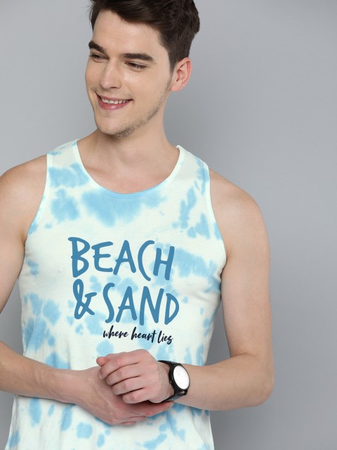 

Mast & Harbour Men Cream-Coloured & Blue Dyed Round Neck T-shirt With Printed Detailing