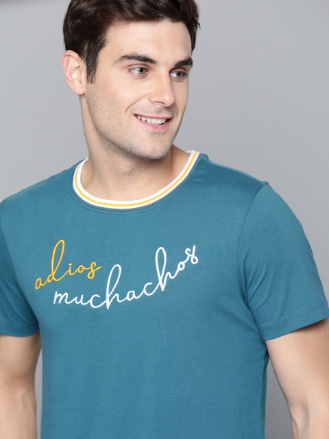 

Mast & Harbour Men Teal Blue & White Embroidered Round Neck T-shirt