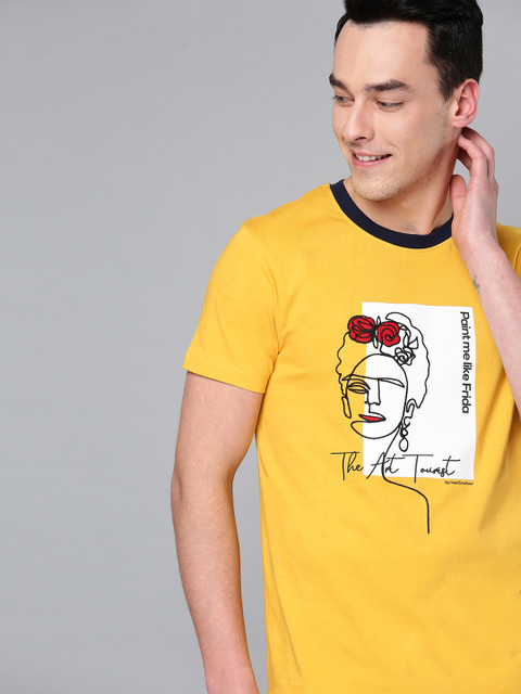 

Mast & Harbour Men Mustard Yellow & White Printed Round Neck T-shirt