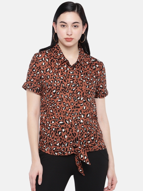 

Prakrti Women Rust Brown & Black Printed Shirt Style Top