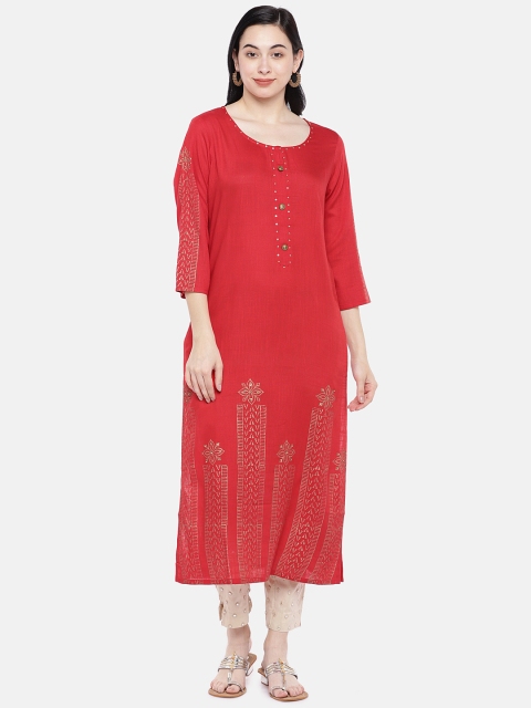 

Prakrti Women Red Printed Straight Kurta