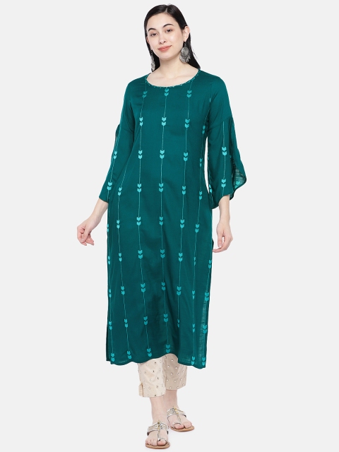 

Prakrti Women Teal Blue Embroidered Straight Kurta
