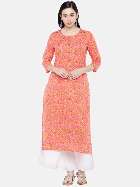 

Prakrti Women Rust Orange & Pink Printed Straight Kurta