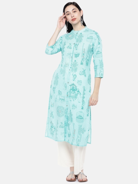 

Prakrti Women Sea Green & White Printed Kurta with Trousers