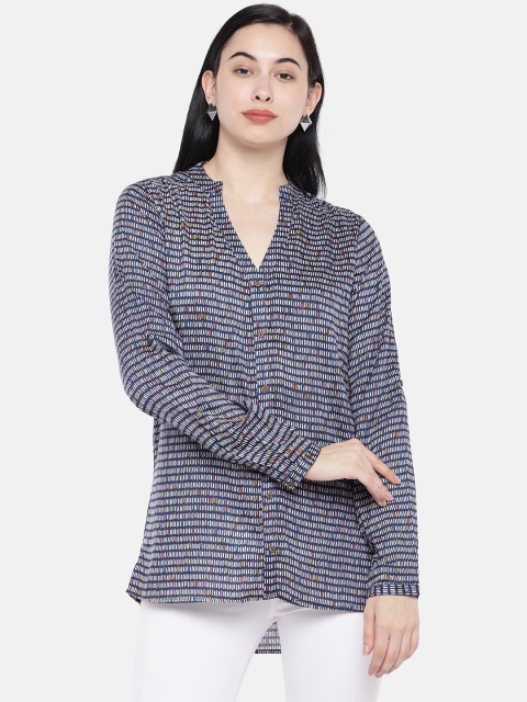

Prakrti Women Navy Blue & White Printed Shirt Style Top