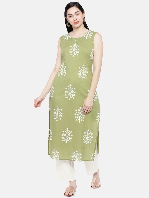 

Prakrti Women Green & White Printed Kurta with Trousers