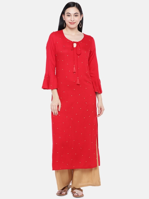 

Prakrti Women Red Embroidered Straight Kurta