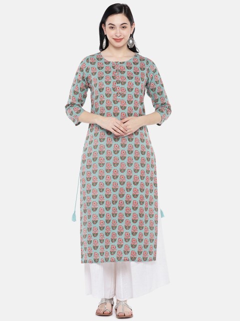 

Prakrti Women Sea Green & Red Printed Straight Kurta