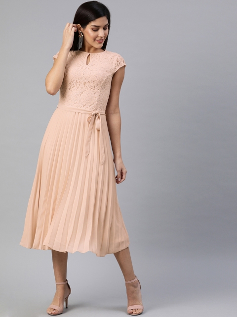 

DOROTHY PERKINS Women Peach-Coloured Solid Fit and Flare Dress With Lace Insert Detailing