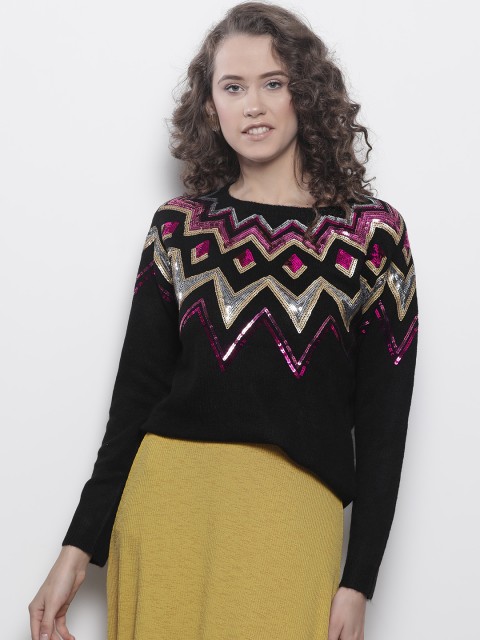 

DOROTHY PERKINS Women Black & Pink Self Design Sweater