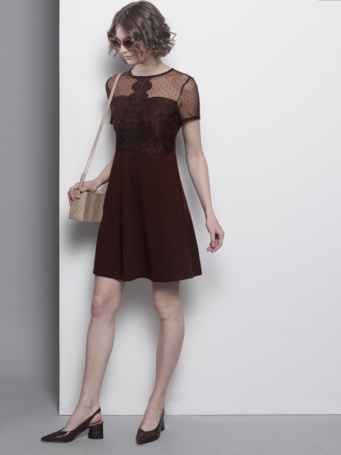 

DOROTHY PERKINS Women Coffee Brown Self Design A-Line Dress