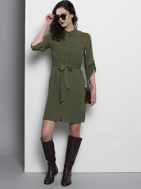 

DOROTHY PERKINS Women Olive Green Solid Shirt Dress