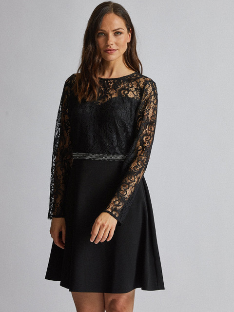 

DOROTHY PERKINS Women Black Lace Detail Fit and Flare Dress