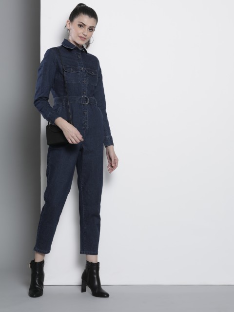 

DOROTHY PERKINS Women Navy Blue Solid Denim Jumpsuit With Belt