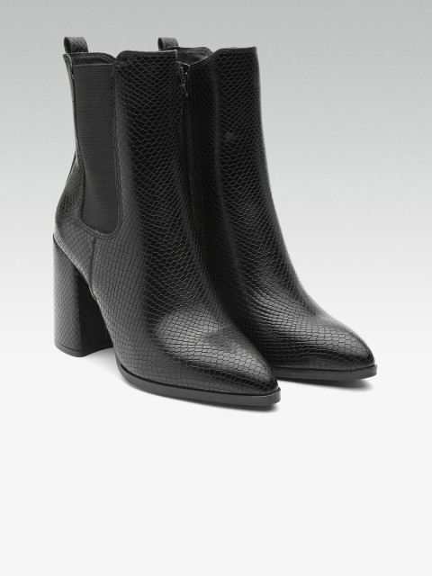 

DOROTHY PERKINS Women Black Snakeskin Textured Mid-Top Heeled Boots