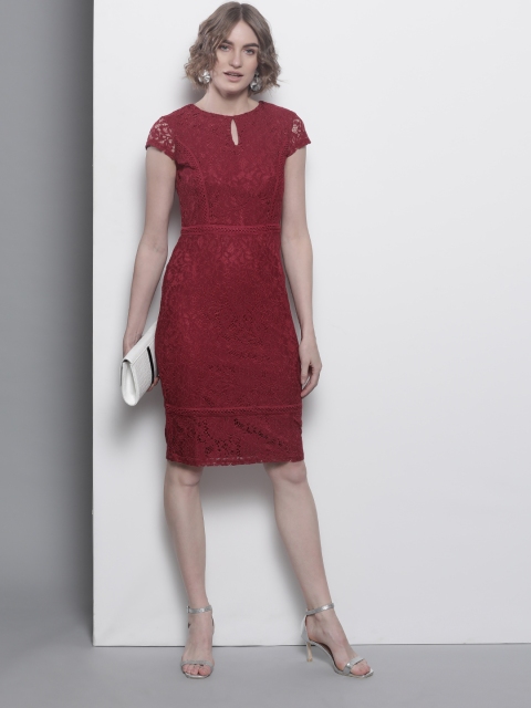 

DOROTHY PERKINS Women Maroon Lace Sheath Dress