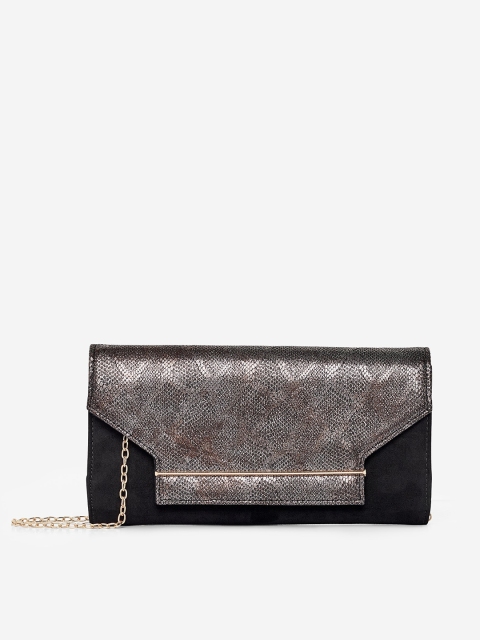 

DOROTHY PERKINS Gunmetal-Toned & Black Textured Envelope Clutch, Metallic