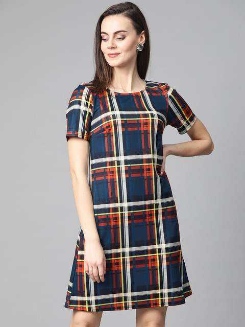 

DOROTHY PERKINS Women Navy Blue & Orange Checked A-Line Dress